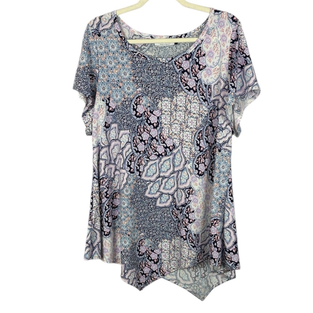 Star Vixen Blue Pink Paisley Floral Short Sleeve Handkerchief Hem Draped 3X Top
